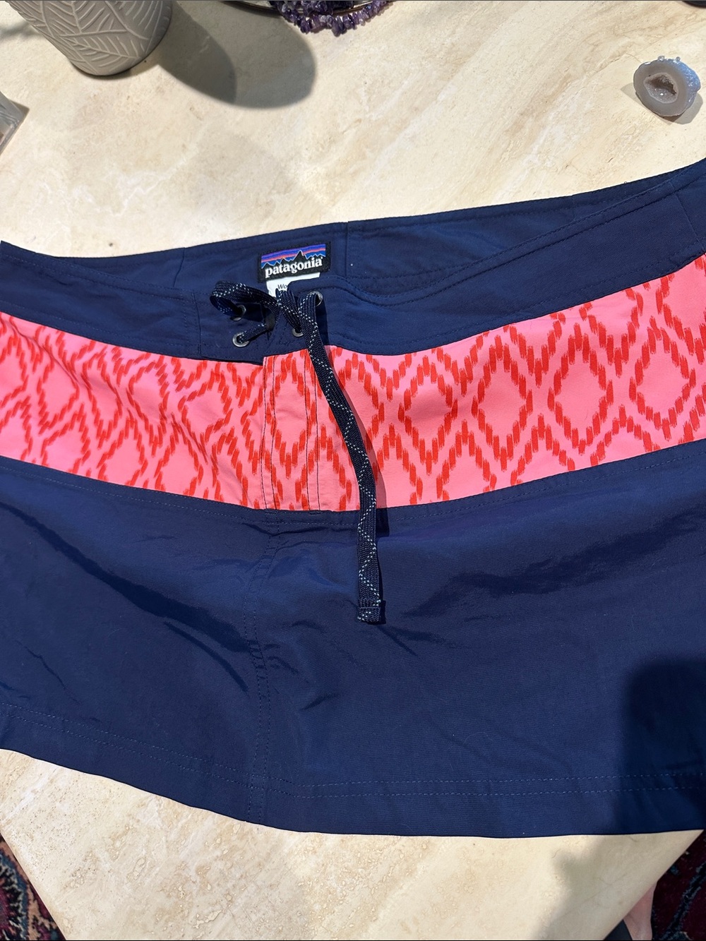 Patagonia Navy Swim Skirt with Coral Pink Patterned Waistband